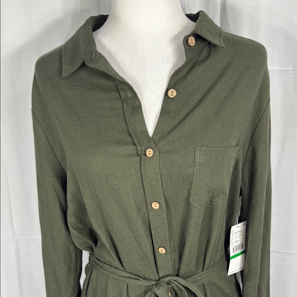 Karen Kane Forest Green Button Front Belted Midi Shirt Dress L Long Sleeve - Picture 4 of 11